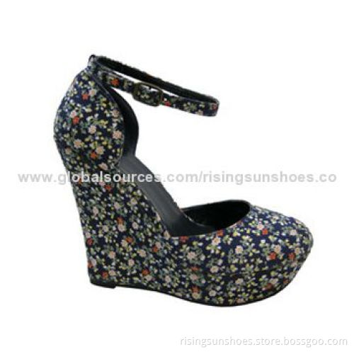 High-heeled dress shoes, flower printed fabric upper, wedge heel/ankle tape, trendy for ladiesNew